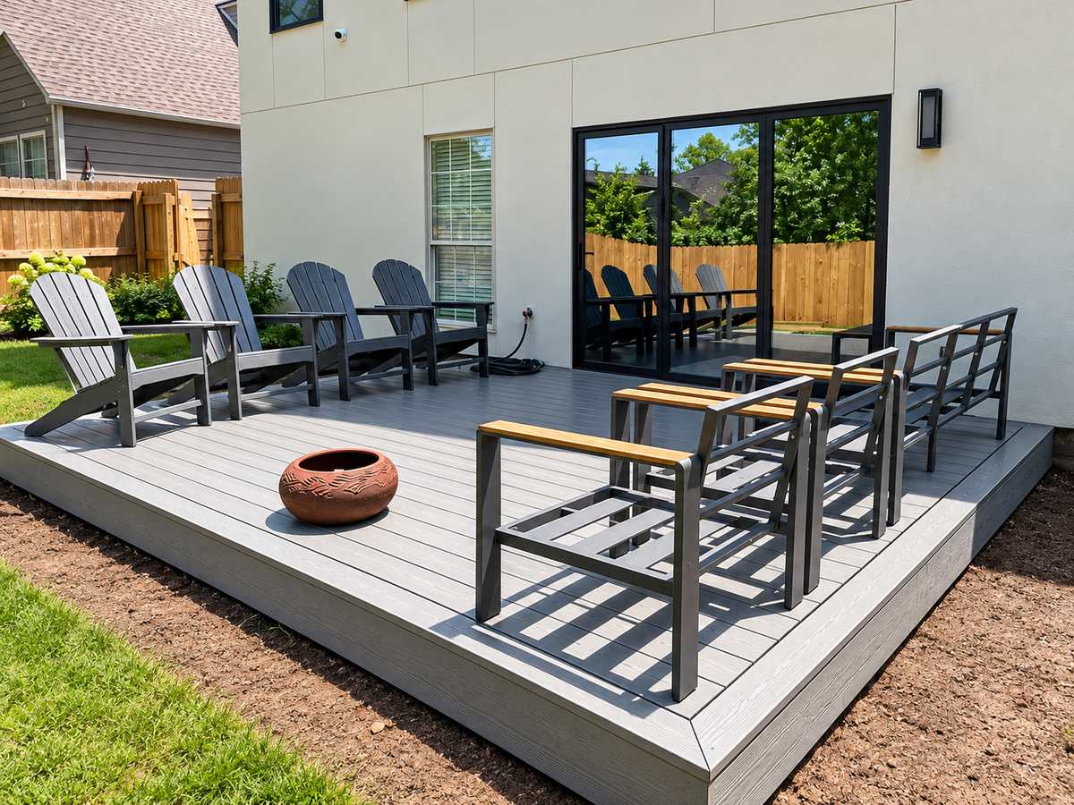 Grey composite deck with black aluminum railing and Adirondack chairs