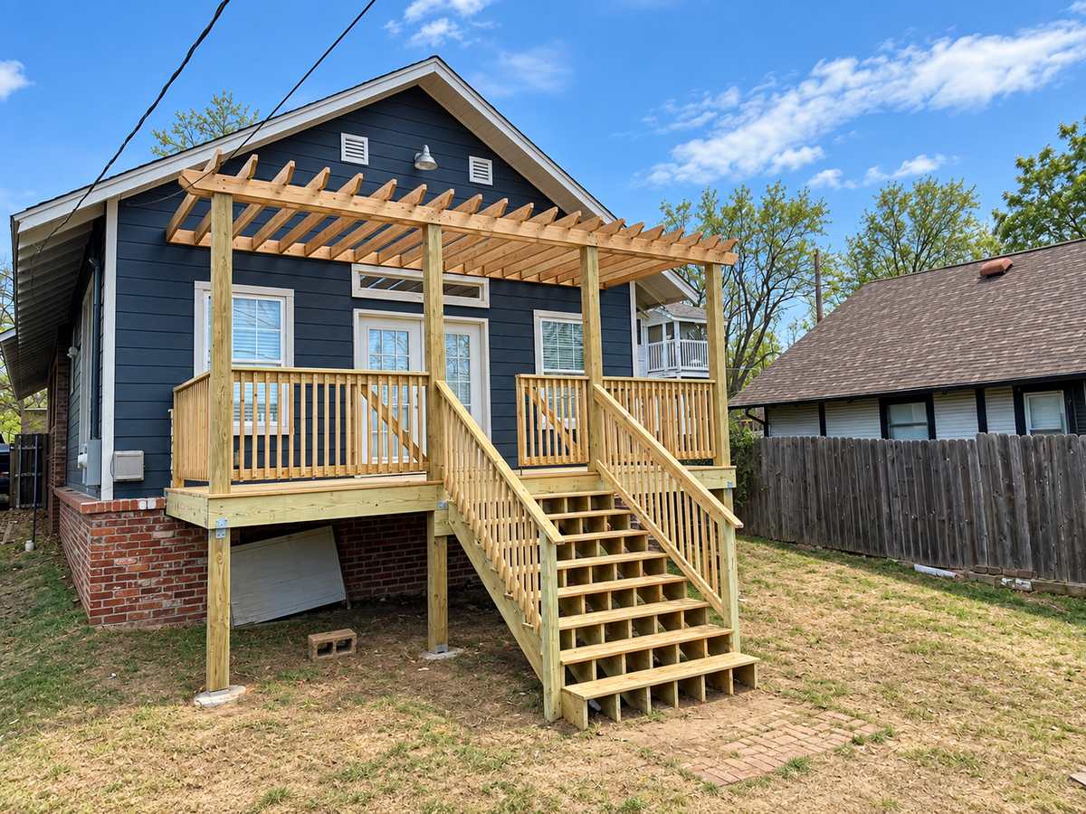 Elevated wood deck with pergola and stairs on a blue craftsman home