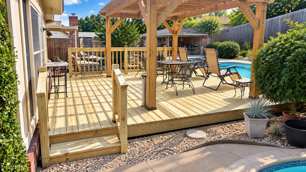 Wood pergola and deck beside a backyard pool