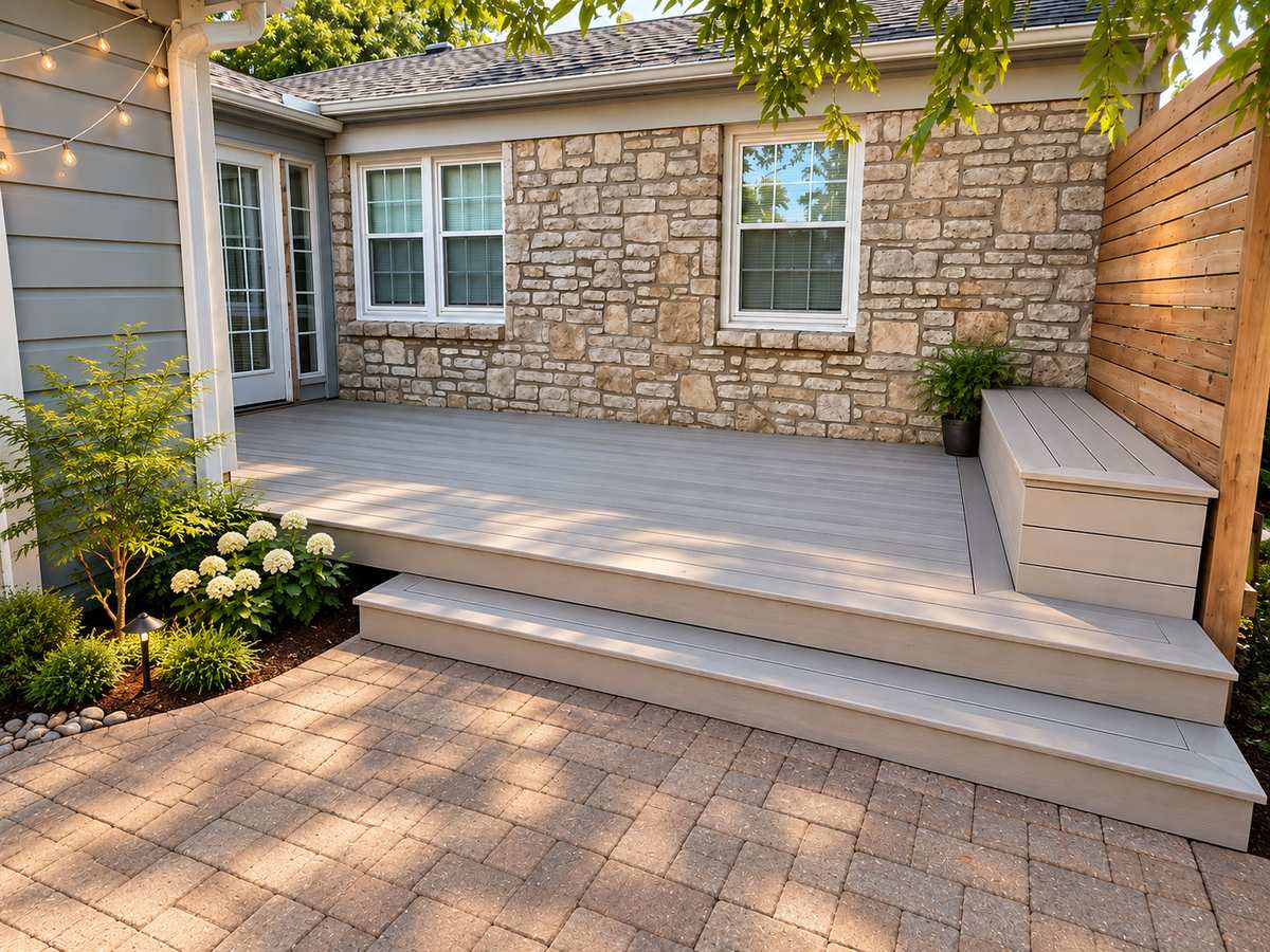 Light grey composite deck with built-in bench beside a stone home