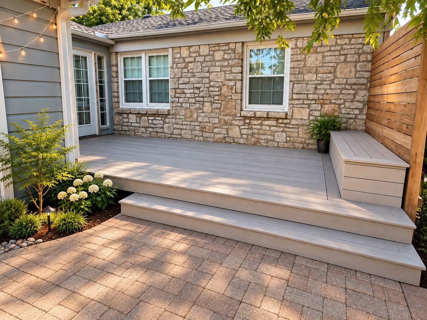 Light grey composite deck with built-in bench beside a stone home